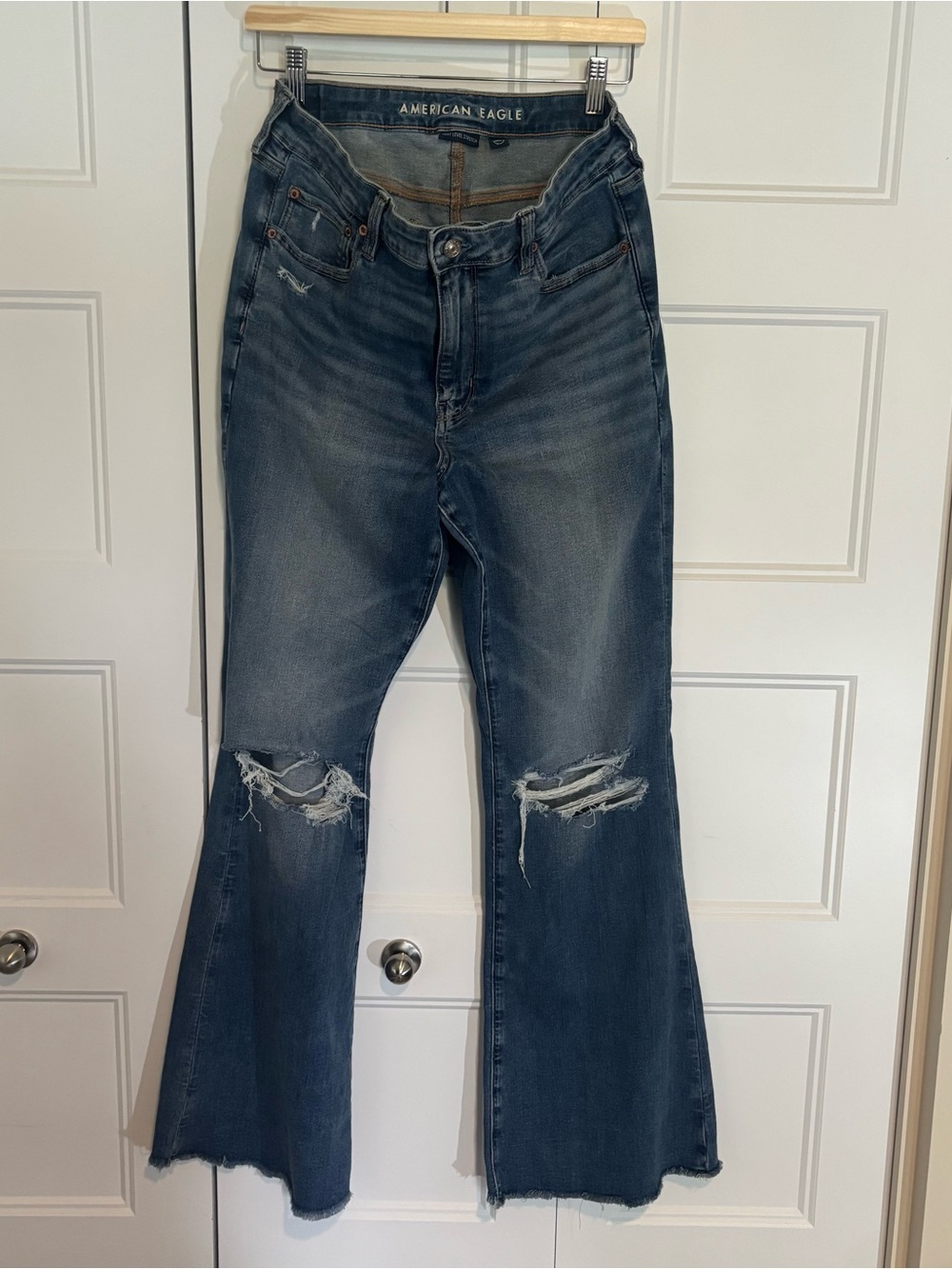 American Eagle Outfitters High Rise Distressed Flare Jeans - Blue